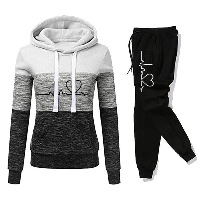 Versatile Casual Women Tracksuit Sweatshirt Hooded Pullover Sweatpant Color Block Jogging Outfits S