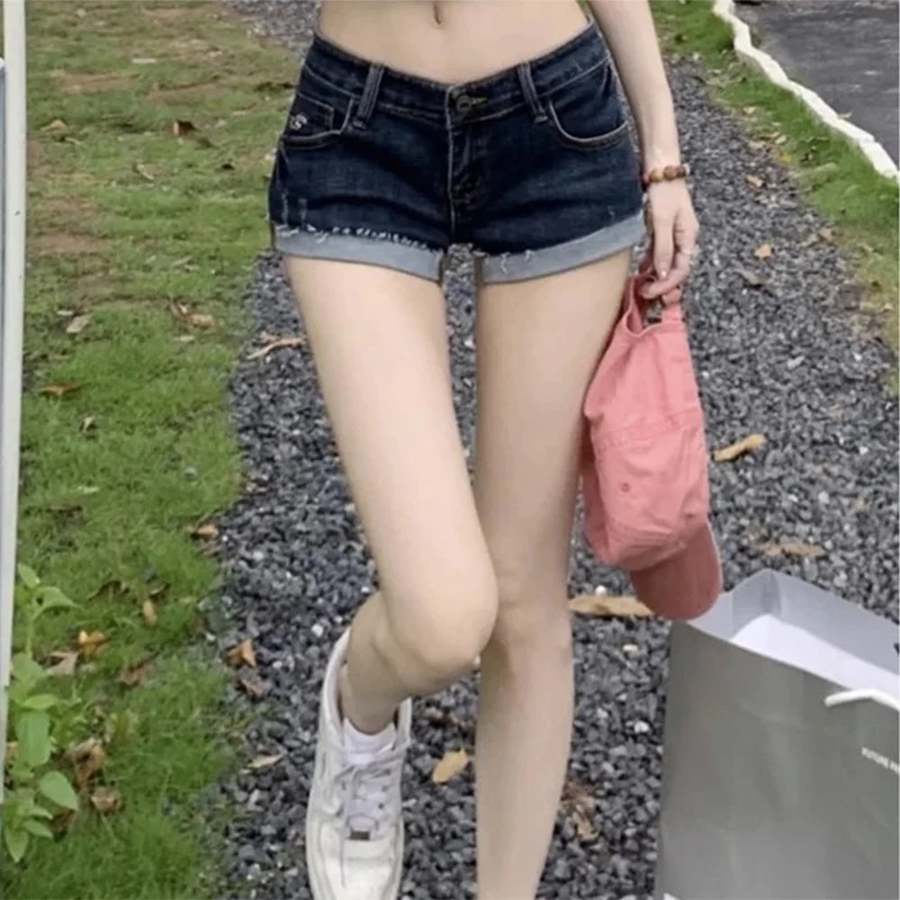 Women Summer Korean Denim Shorts, Low Waist Elastic Slim Fit Hot Pants, Sexy Deep Blue Hip Wrapping Jeans for Women