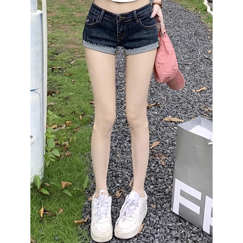 Women Summer Korean Denim Shorts, Low Waist Elastic Slim Fit Hot Pants, Sexy Deep Blue Hip Wrapping Jeans for Women