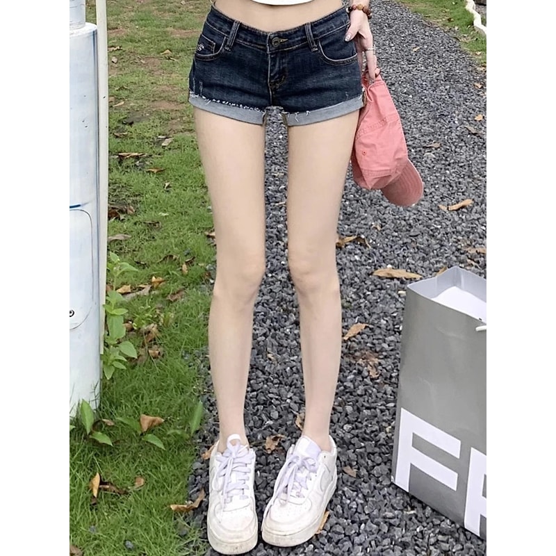 Women Summer Korean Denim Shorts, Low Waist Elastic Slim Fit Hot Pants, Sexy Deep Blue Hip Wrapping Jeans for Women