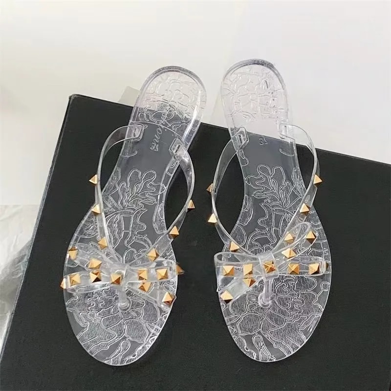 Summer Women Slippers Transparent Crystal Beach Shoes Bow Flip Flops Rivet Flats Open Toe Outdoor S
