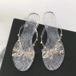summer women slippers, transparent crystal beach shoes, bow flip flops rivet flats, open toe outdoor sandals for women