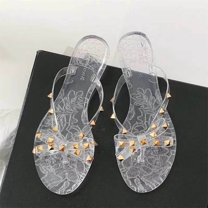 Summer Women Slippers Transparent Crystal Beach Shoes Bow Flip Flops Rivet Flats Open Toe Outdoor S