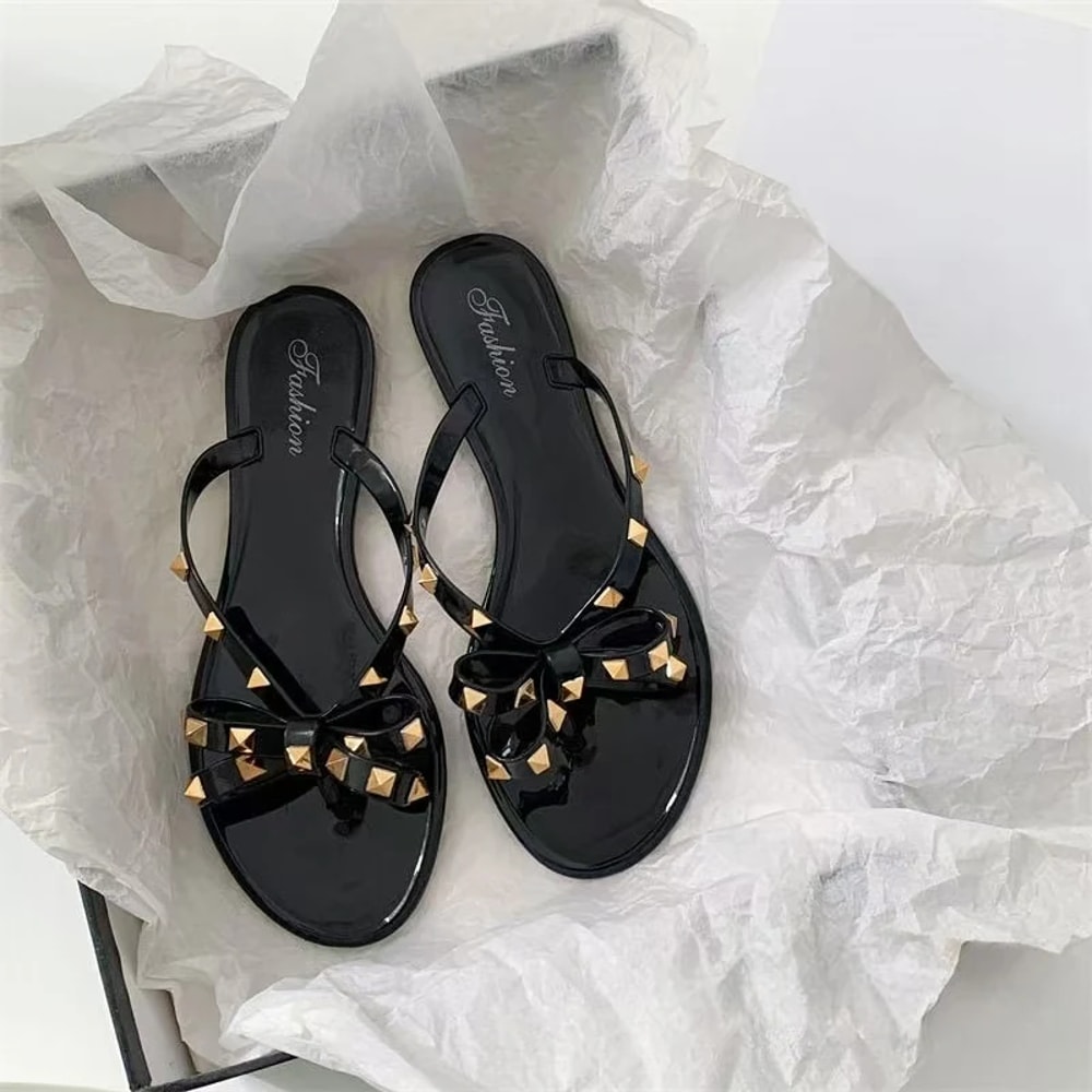 Summer Women Slippers Transparent Crystal Beach Shoes Bow Flip Flops Rivet Flats Open Toe Outdoor S