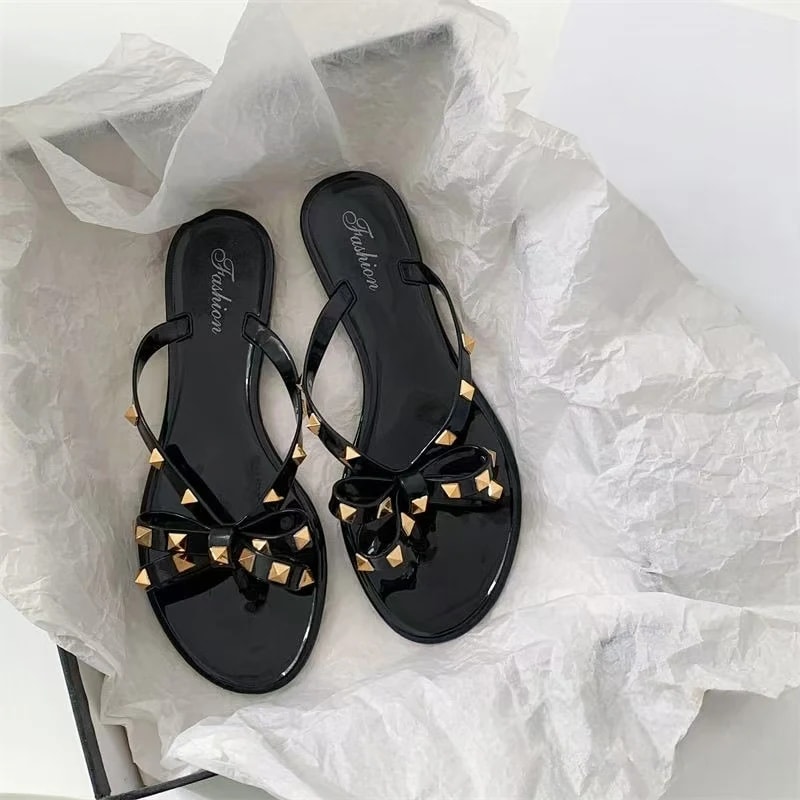 Summer Women Slippers Transparent Crystal Beach Shoes Bow Flip Flops Rivet Flats Open Toe Outdoor S