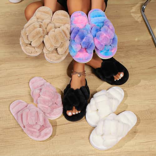 Sexy EVA Light Flip Flops, Popular Cross Furry Slippers, Female Fluffy Slides, Autumn Winter Outdoor Fashion