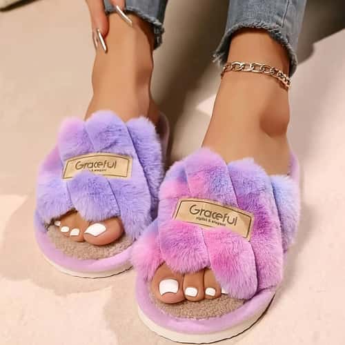 Plush Fuzzy Slippers for Women, Silent Comfort Open-Toe Slides, Winter Bedroom Warm Flip Flops