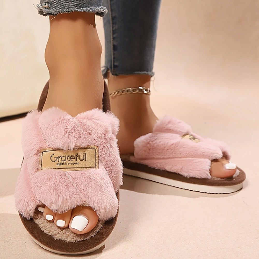 Plush Fuzzy Slippers For Women Silent Comfort OpenToe Slides Winter Bedroom Warm Flip Flops 1