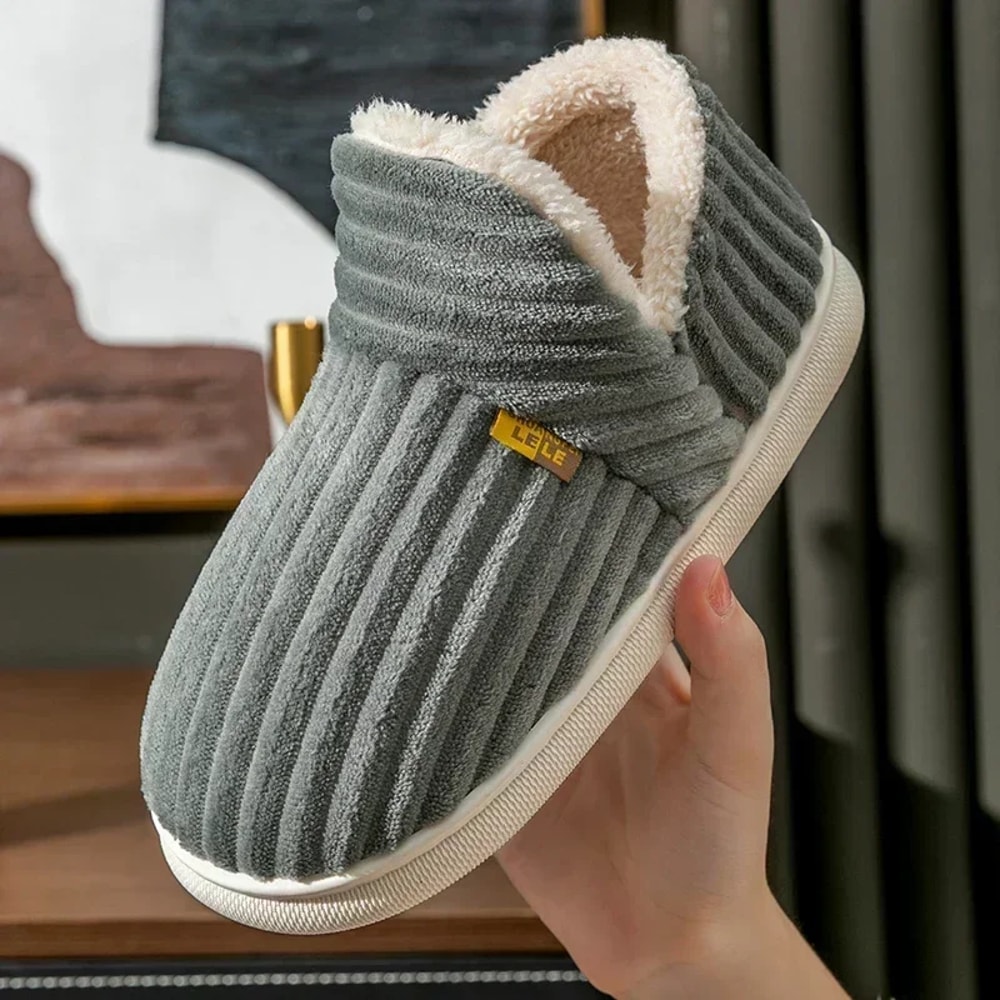 Winter Couple Style Nonslip Slippers Solid Color Wrap Heels Plush Warm Flip Flops For Women And Men