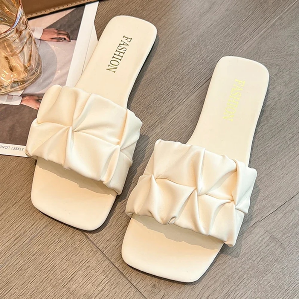 Green Summer Slippers For Women Flip Flops Flats Pleated Korean Slippers SlipOn Sandals 3