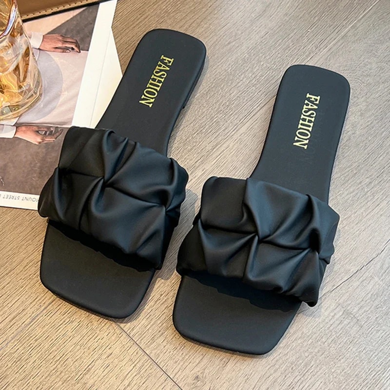 Green Summer Slippers For Women Flip Flops Flats Pleated Korean Slippers SlipOn Sandals 2