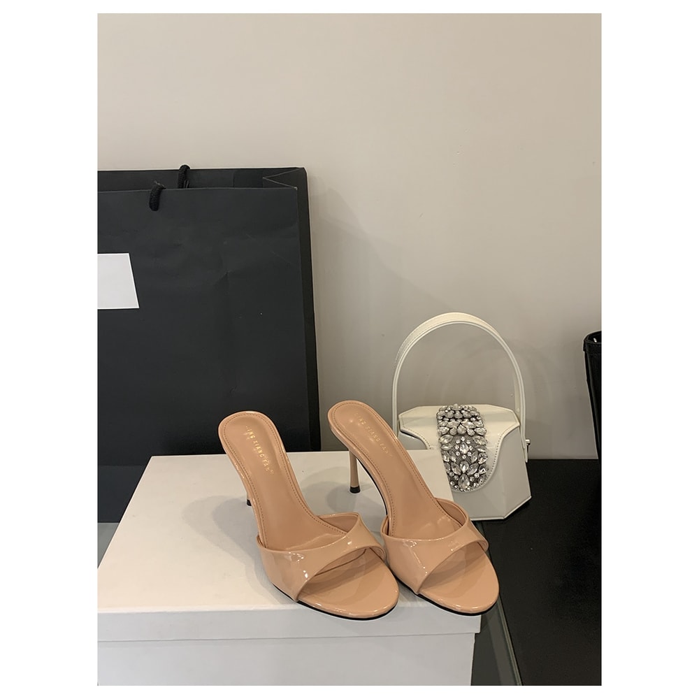 Patent Leather Mule Slippers Fashion Sexy Thin High Heels Slides Women Open Toe Pumps Slip Sandal O 10