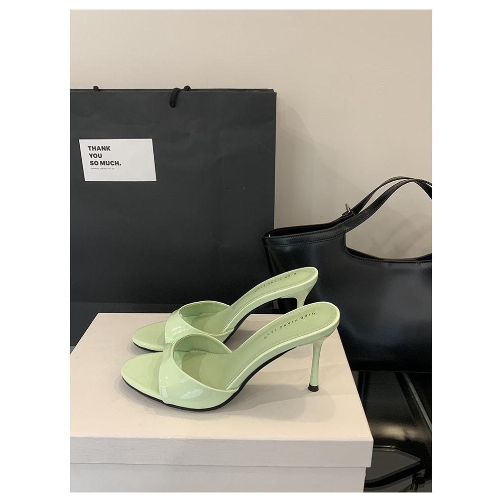 Patent Leather Mule Slippers Fashion Sexy Thin High Heels Slides Women Open Toe Pumps Slip Sandal O 4