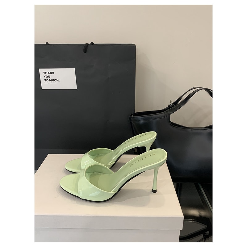 Patent Leather Mule Slippers Fashion Sexy Thin High Heels Slides Women Open Toe Pumps Slip Sandal O 4