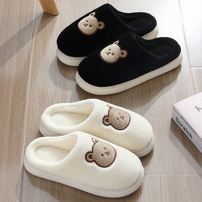 Cute Bear Cotton Slippers For Women Nonslip Slides Plush Warm Winter Indoor Sandals Home Flip Flops 0