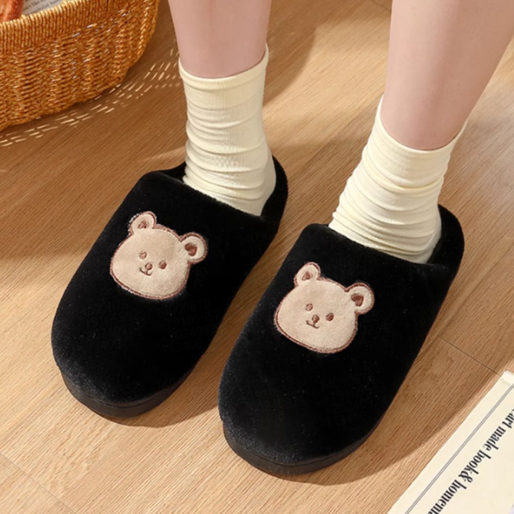 Cute Bear Cotton Slippers For Women Nonslip Slides Plush Warm Winter Indoor Sandals Home Flip Flops 4