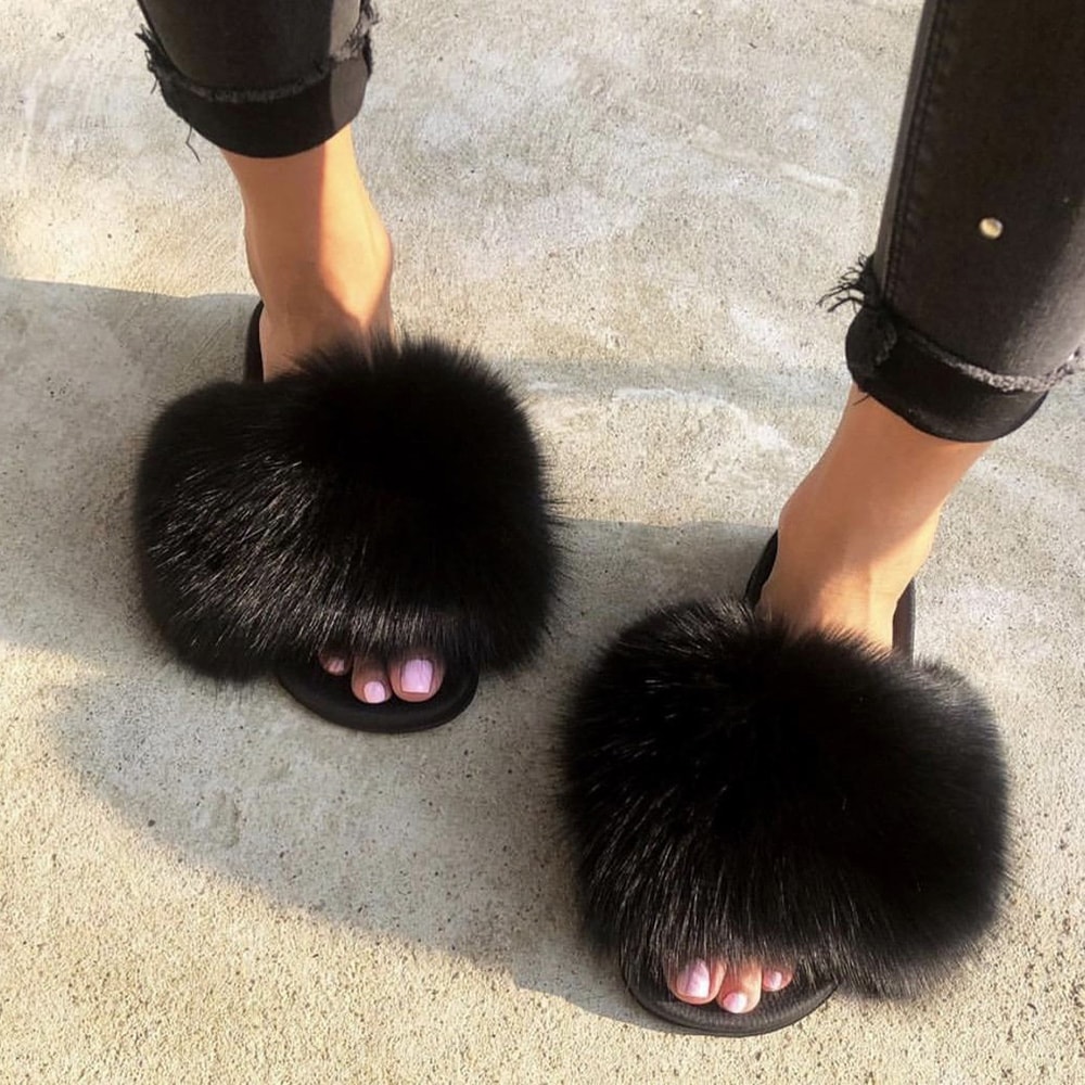 Luxury Fox Fur Slides For Women Designer Sandals Summer Furry Slippers Flip Flops Shoes Plus Size S