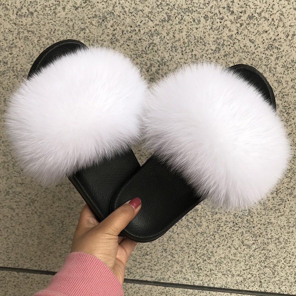 Luxury Fox Fur Slides For Women Designer Sandals Summer Furry Slippers Flip Flops Shoes Plus Size S