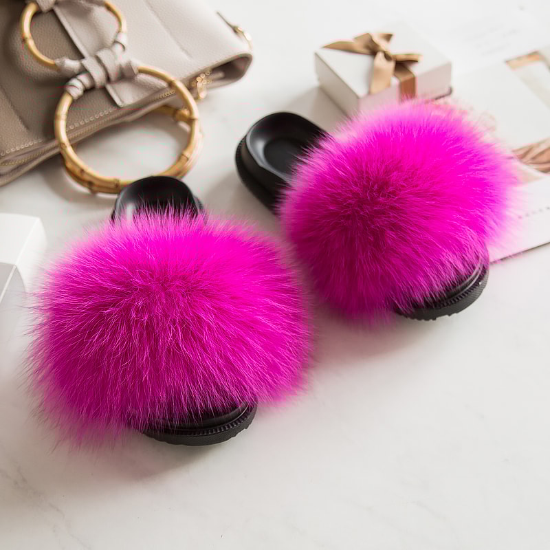 Luxury Fox Fur Slides For Women Designer Sandals Summer Furry Slippers Flip Flops Shoes Plus Size S