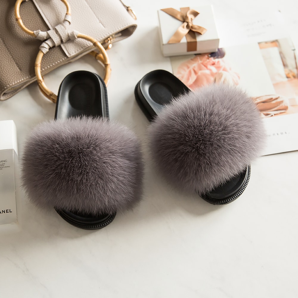 Luxury Fox Fur Slides For Women Designer Sandals Summer Furry Slippers Flip Flops Shoes Plus Size S