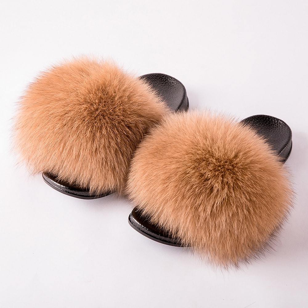 Luxury Fox Fur Slides For Women Designer Sandals Summer Furry Slippers Flip Flops Shoes Plus Size S