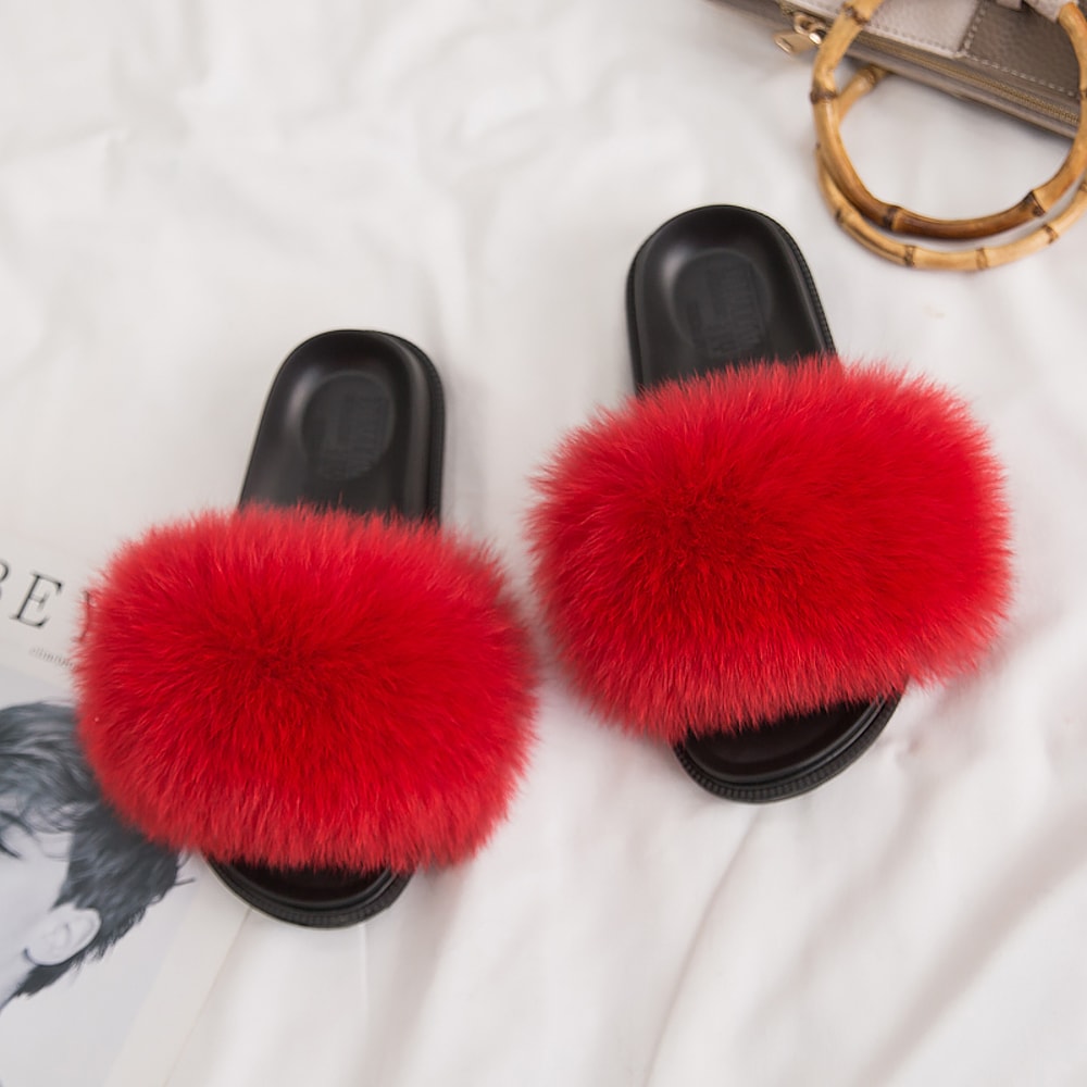 Luxury Fox Fur Slides For Women Designer Sandals Summer Furry Slippers Flip Flops Shoes Plus Size S
