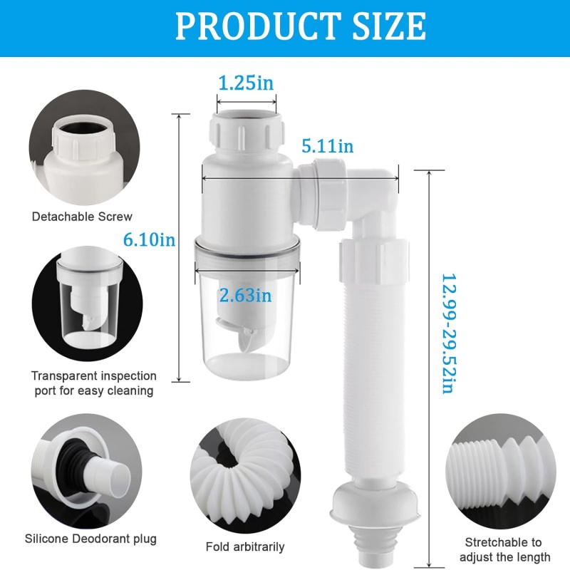 Flexible Downspout For Kitchen Sink Drain PTrap With Retractable Deodorizing Filter 4