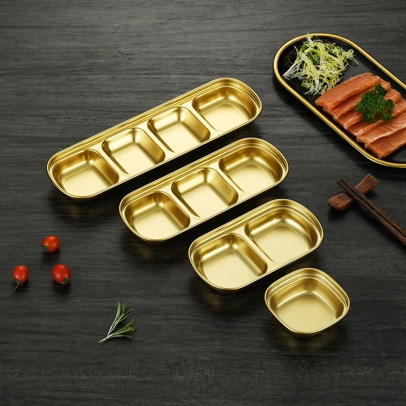 Gold Stainless Steel Seasoning Dish Hot Pot Dipping Bowl Square Soy Sauce Dish Barbecue Snack Plate 0
