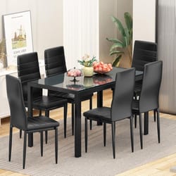 dining set, glass table with pu leather chairs, modern dining room set for small spaces