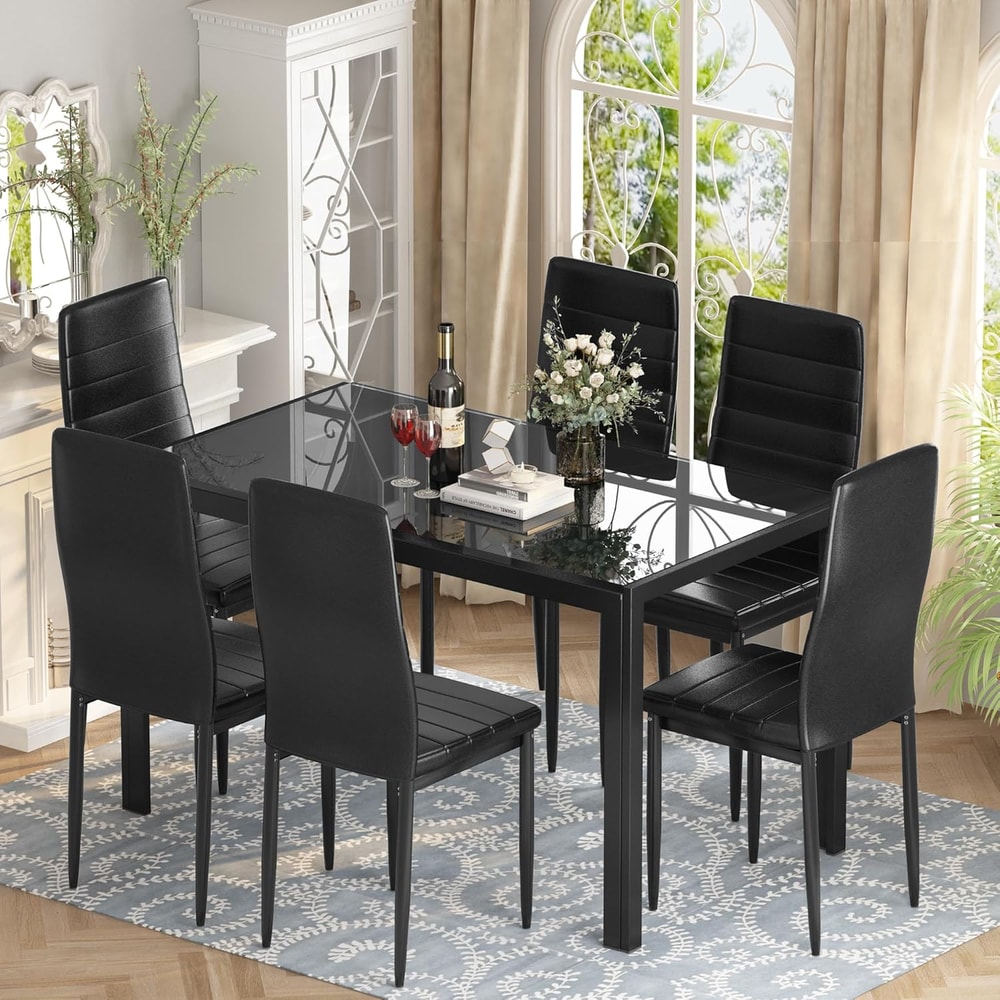 Dining Set, Glass Table with PU Leather Chairs, Modern Dining Room Set for Small Spaces