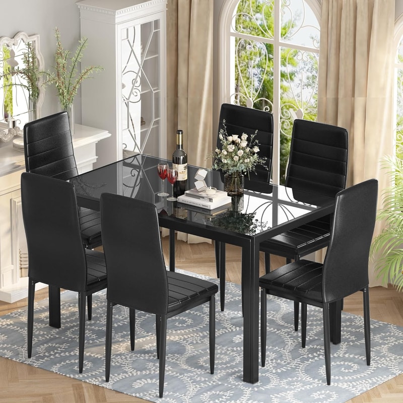 Dining Set, Glass Table with PU Leather Chairs, Modern Dining Room Set for Small Spaces