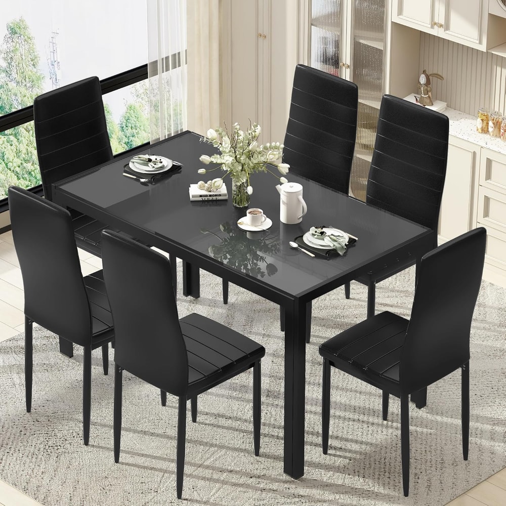 Dining Set, Glass Table with PU Leather Chairs, Modern Dining Room Set for Small Spaces