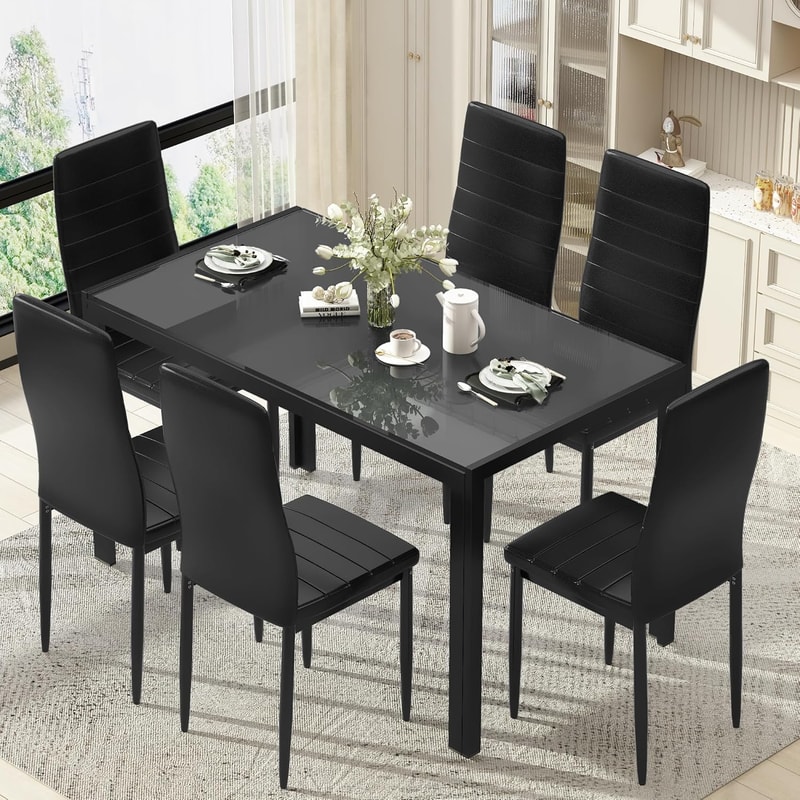 Dining Set, Glass Table with PU Leather Chairs, Modern Dining Room Set for Small Spaces