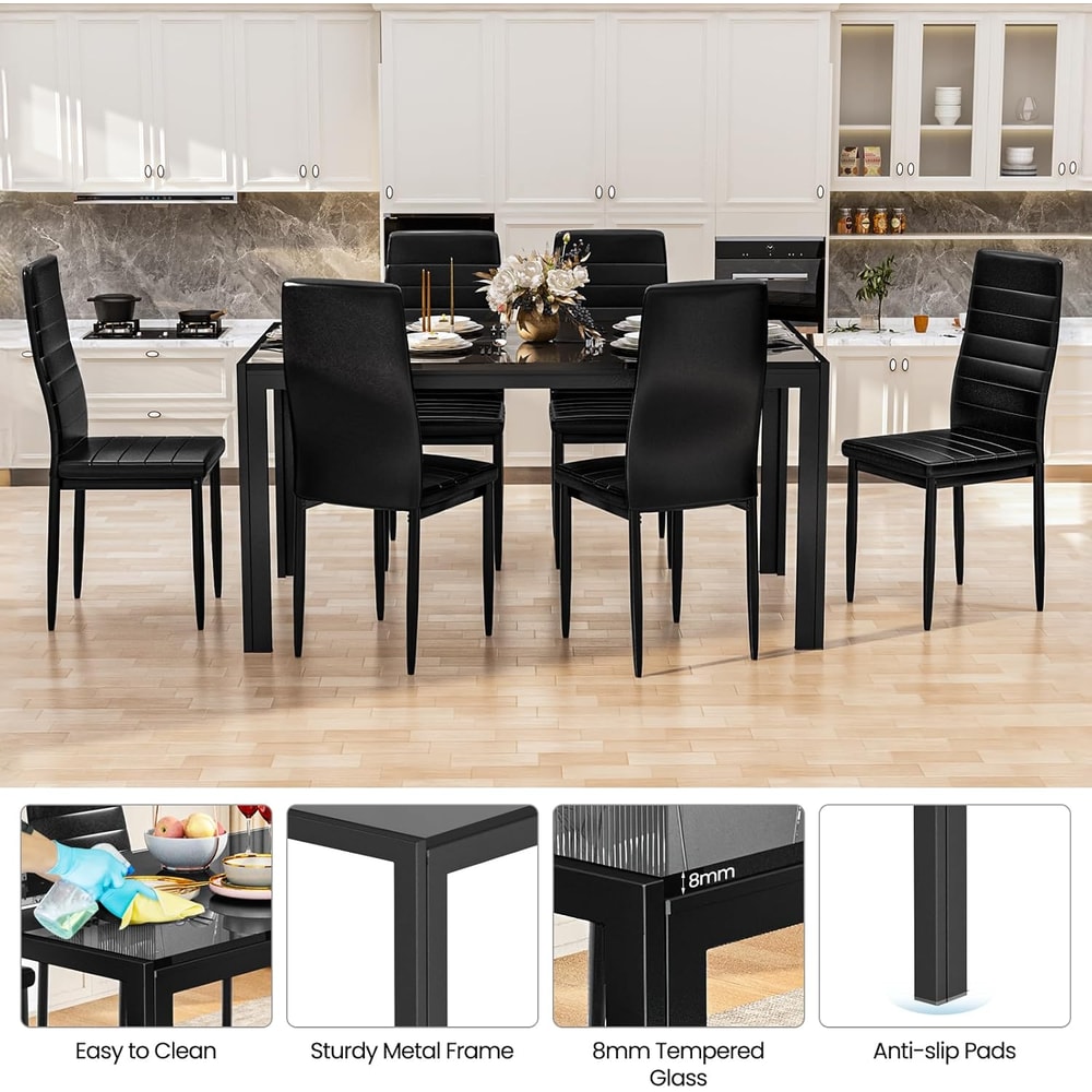 Dining Set, Glass Table with PU Leather Chairs, Modern Dining Room Set for Small Spaces