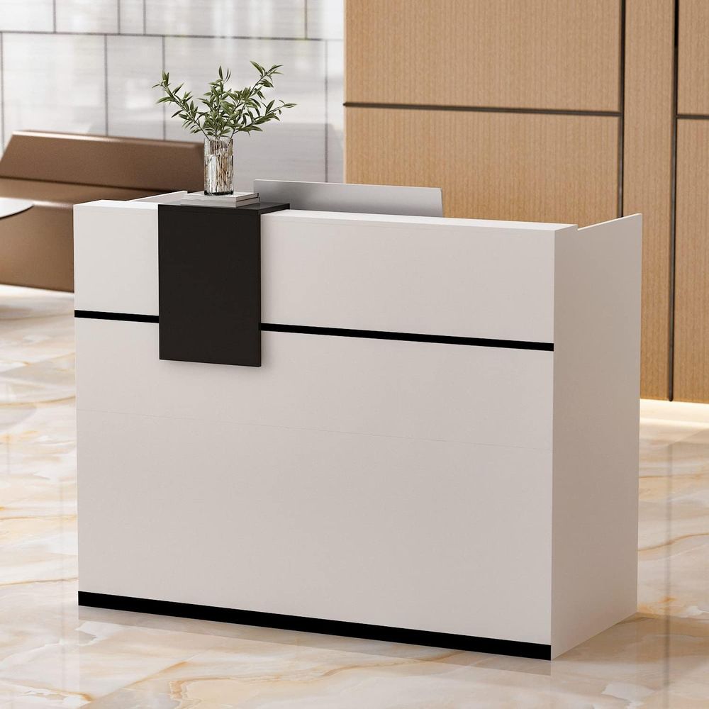 Black and White Wooden Computer Desk with Storage, Hutch, Lockable Drawer, and Cabinet