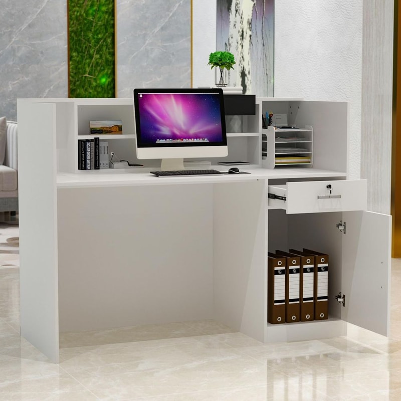 Black and White Wooden Computer Desk with Storage, Hutch, Lockable Drawer, and Cabinet