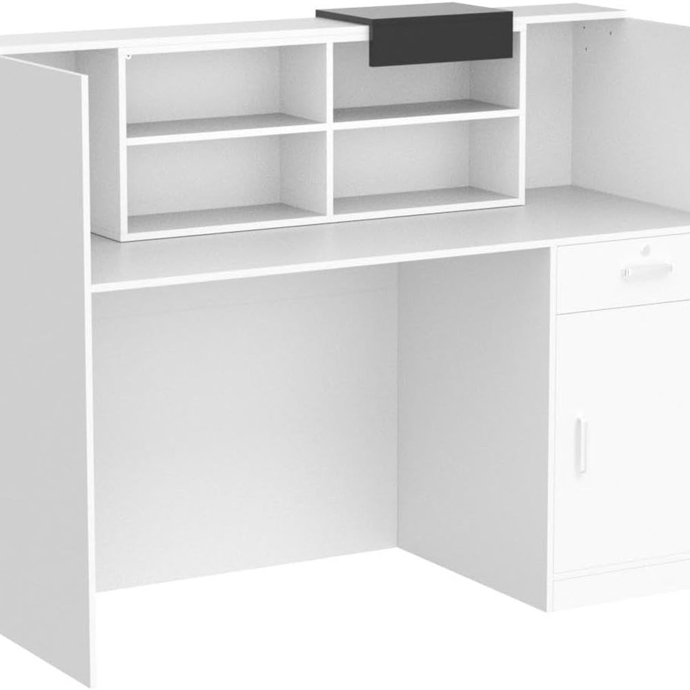 Black and White Wooden Computer Desk with Storage, Hutch, Lockable Drawer, and Cabinet
