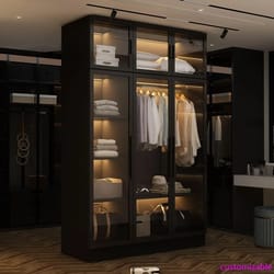 black glass wardrobe closet with lights, armoire with hanging rod, stylish armoire wardrobe for cloakroom