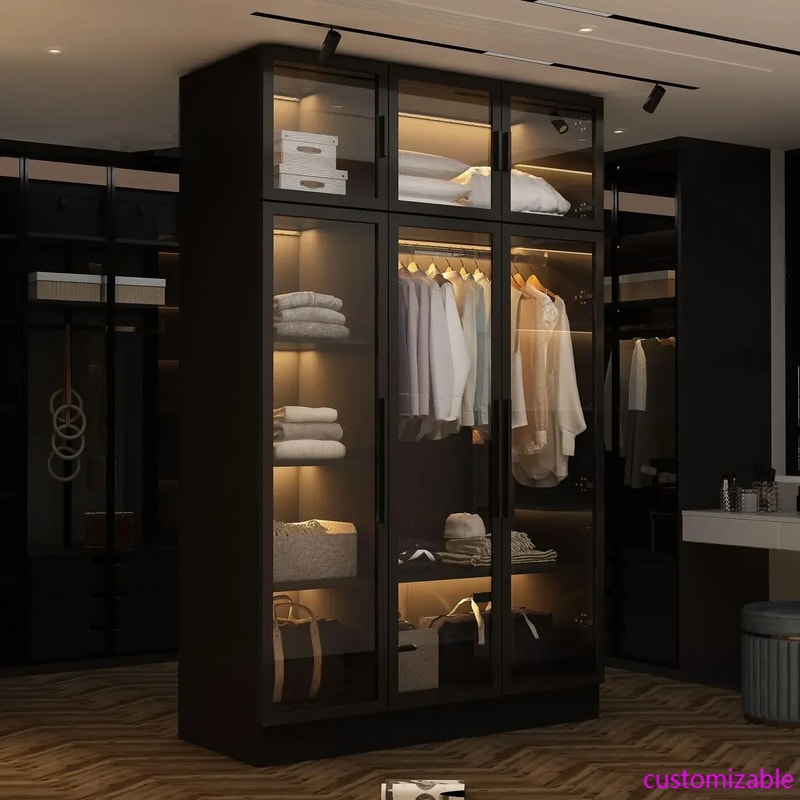 Black Glass Wardrobe Closet with Lights, Armoire with Hanging Rod, Stylish Armoire Wardrobe for Cloakroom