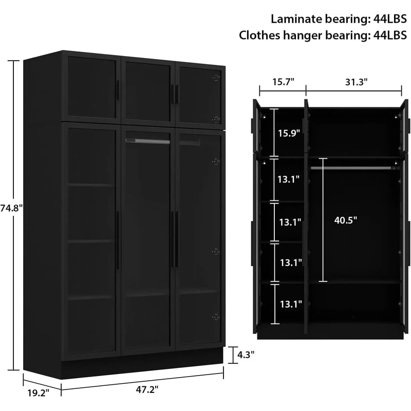 Black Glass Wardrobe Closet with Lights, Armoire with Hanging Rod, Stylish Armoire Wardrobe for Cloakroom