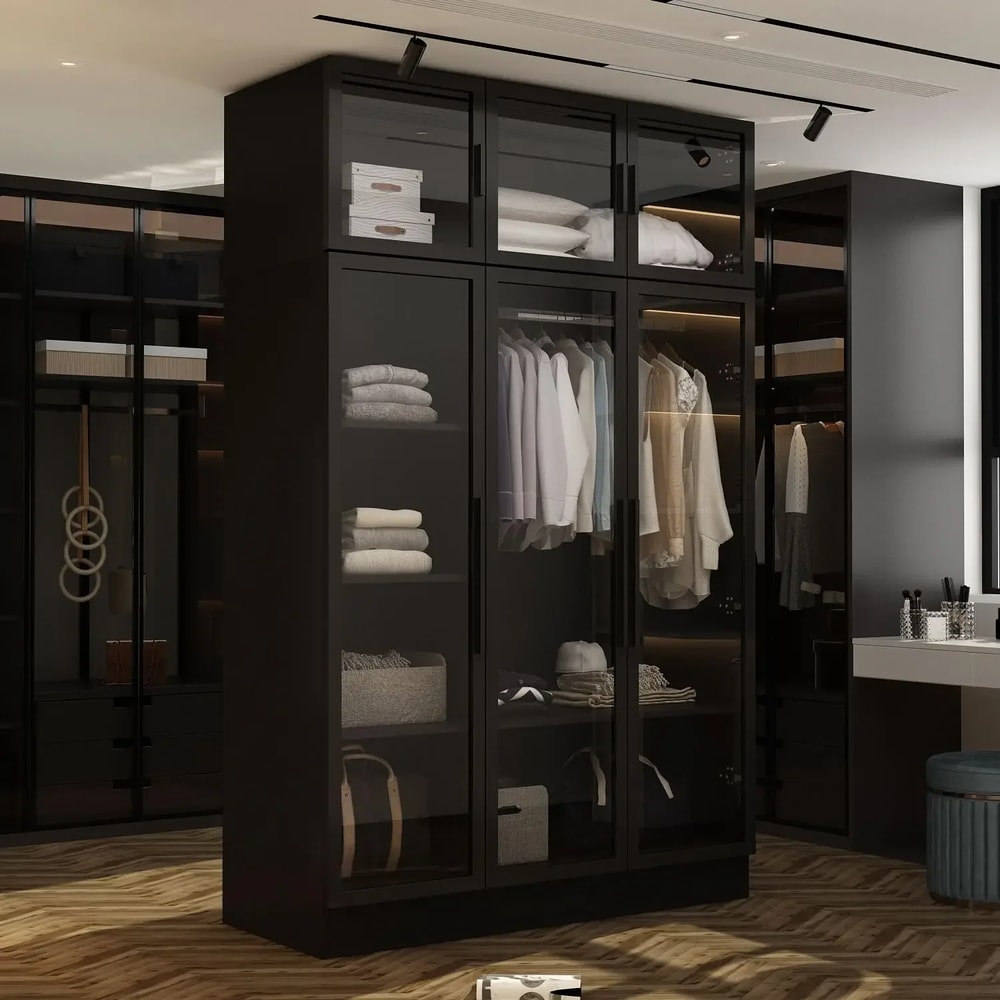 Black Glass Wardrobe Closet with Lights, Armoire with Hanging Rod, Stylish Armoire Wardrobe for Cloakroom