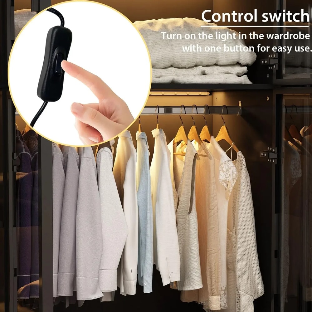 Black Glass Wardrobe Closet with Lights, Armoire with Hanging Rod, Stylish Armoire Wardrobe for Cloakroom