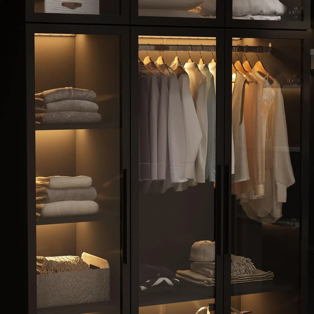 Black Glass Wardrobe Closet with Lights, Armoire with Hanging Rod, Stylish Armoire Wardrobe for Cloakroom