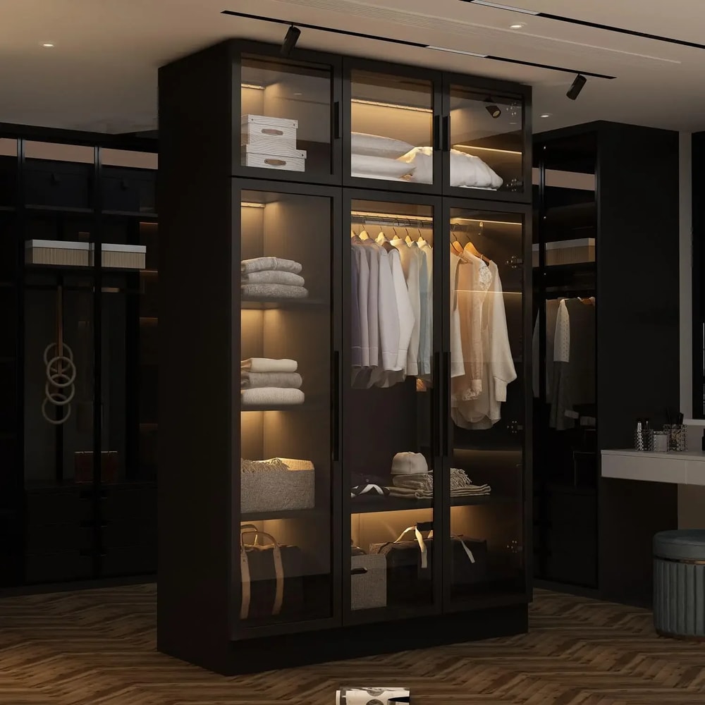 Black Glass Wardrobe Closet with Lights, Armoire with Hanging Rod, Stylish Armoire Wardrobe for Cloakroom