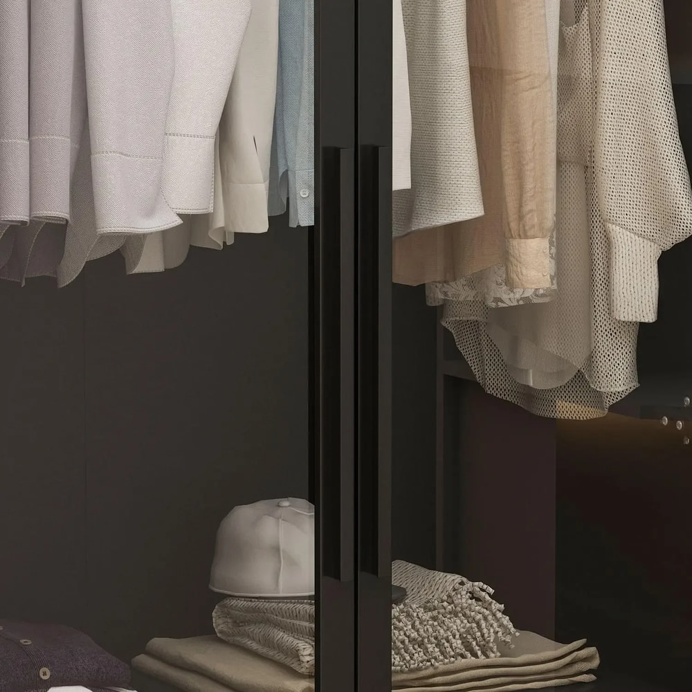 Black Glass Wardrobe Closet with Lights, Armoire with Hanging Rod, Stylish Armoire Wardrobe for Cloakroom