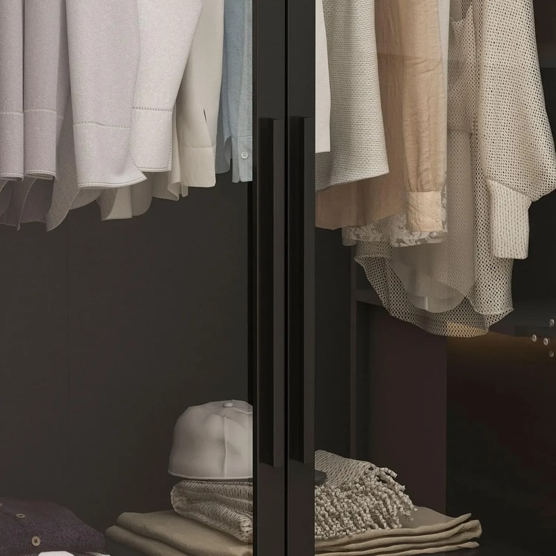 Black Glass Wardrobe Closet with Lights, Armoire with Hanging Rod, Stylish Armoire Wardrobe for Cloakroom