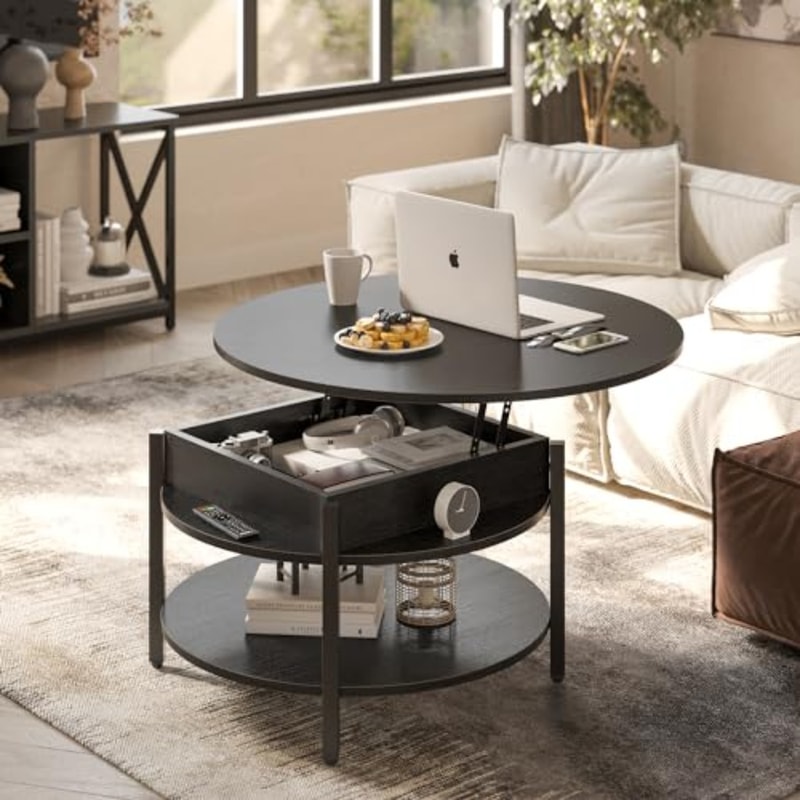 Round Lift Top Coffee Table with Storage, Hidden Compartment, Farmhouse Style Coffee Table for Living Room