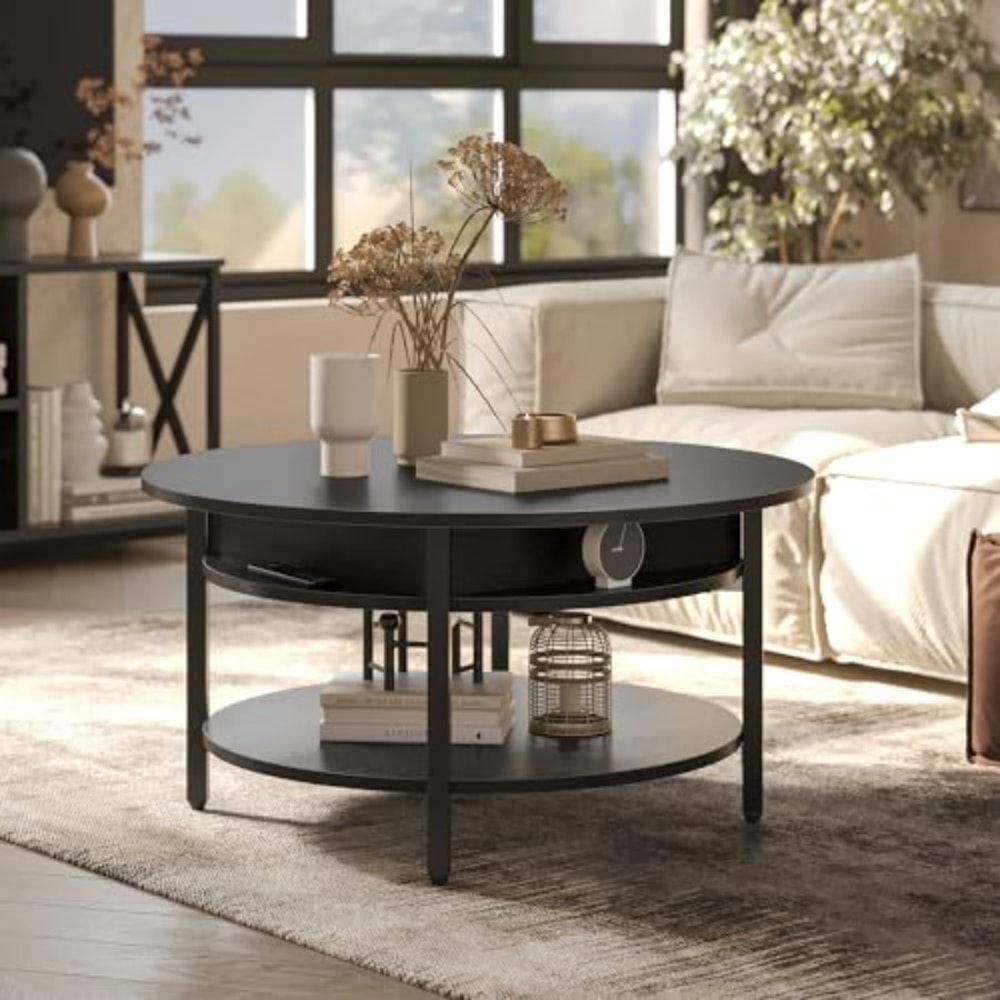 Round Lift Top Coffee Table with Storage, Hidden Compartment, Farmhouse Style Coffee Table for Living Room