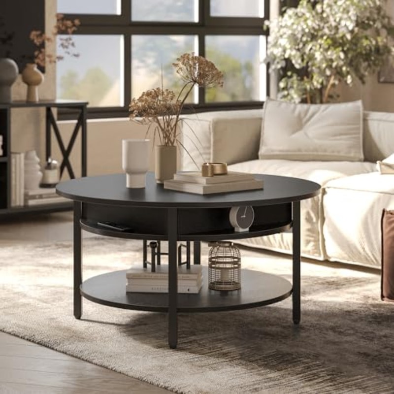 Round Lift Top Coffee Table with Storage, Hidden Compartment, Farmhouse Style Coffee Table for Living Room