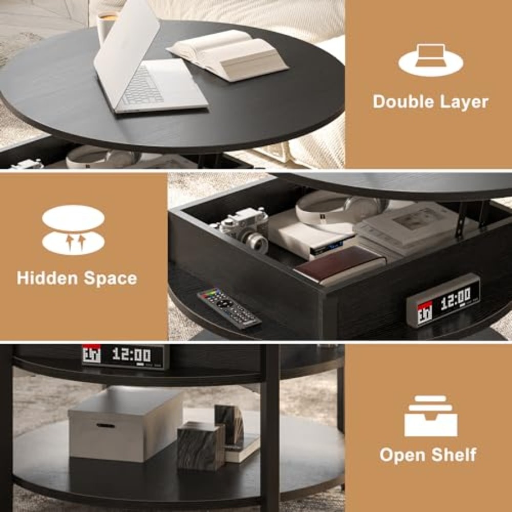 Round Lift Top Coffee Table with Storage, Hidden Compartment, Farmhouse Style Coffee Table for Living Room